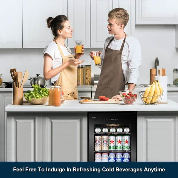 Hooure 17 in. Single Zone Freestanding 101-Cans Black Stainless Steel Beverage Cooler with Adjustable Removable Shelves