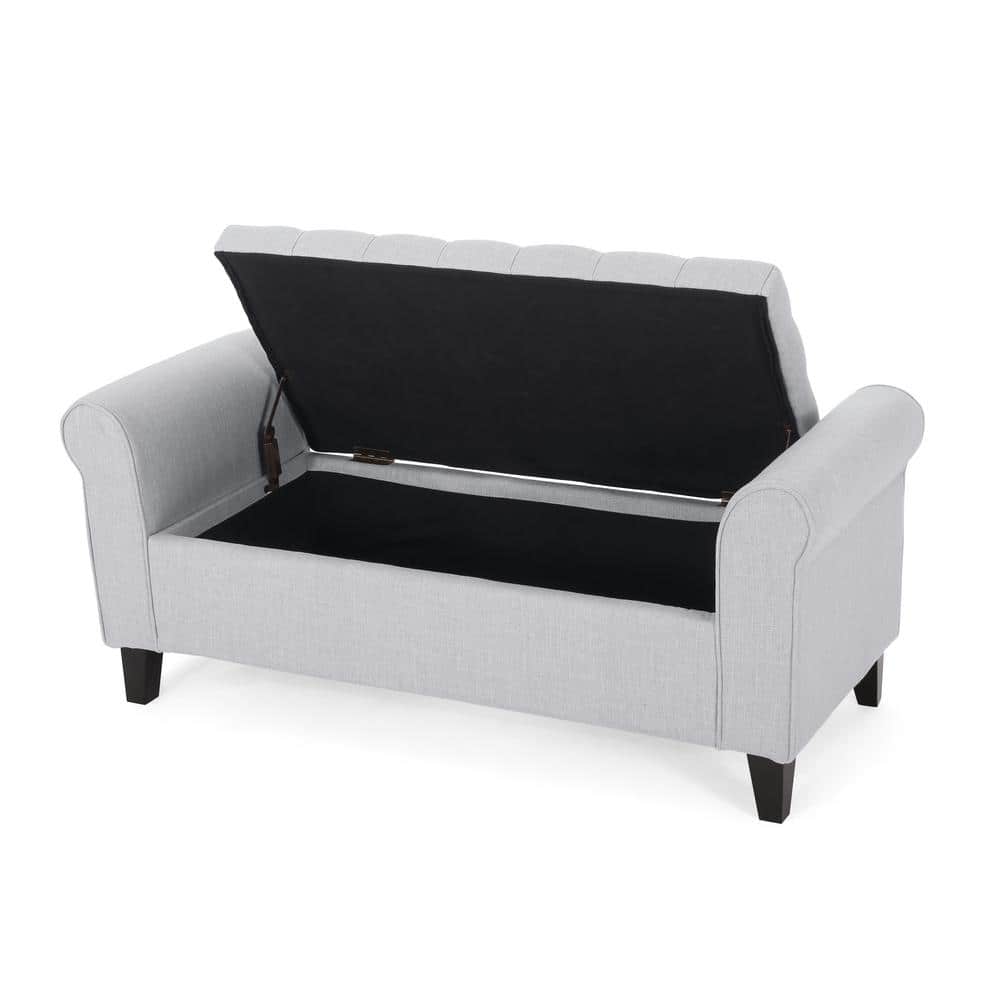 Light Gray Tufted Fabric Storage Ottoman Bench with Rolled Arms