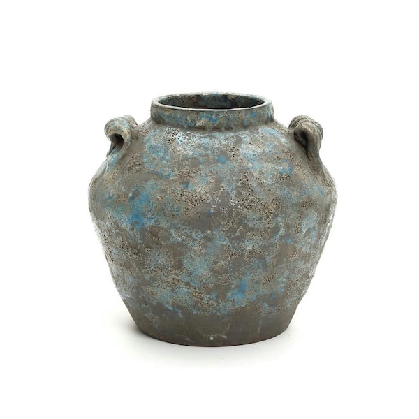 11 in. Antiqued Blue & Brown Terracotta Vase with Handles, Round Farmhouse Vintage Pottery