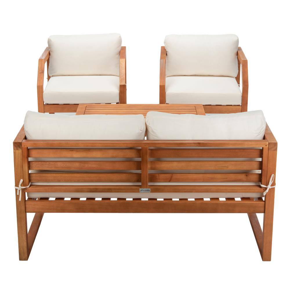 Natural Eucalyptus Wood 4-Piece Outdoor Living Set with Beige Cushions