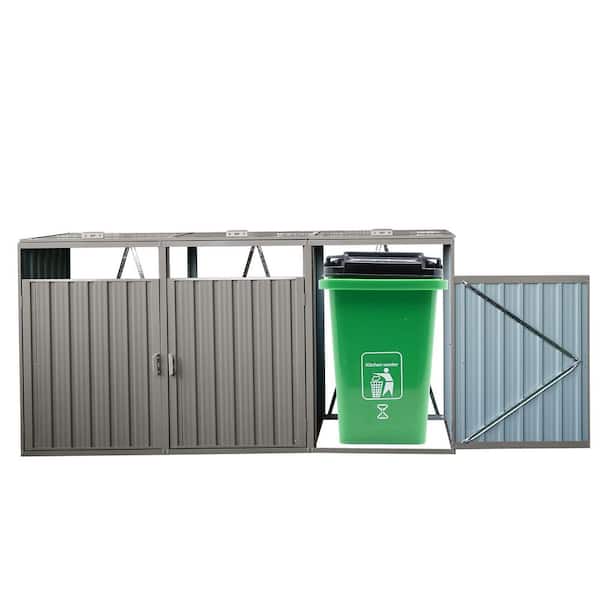 31.49 in. D x 94.48 in. W x 48.03 in. H Garbage Bin Shed Metal Trash Can Storage for Garbage 3-Trash Cans Bin Shed