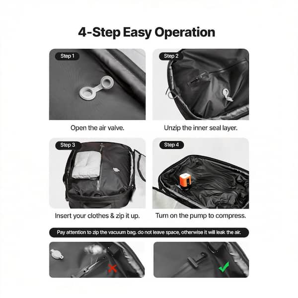 air vacuum travel backpack for (Carry-On) Matt Black | Airback directional vacuum pump that can both inflate and pump VEVOR Vacuum Travel Backpack, 65L,