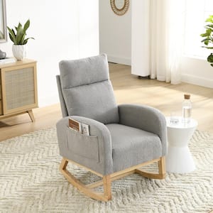 Gray Teddy Stylish High-Backed Living Room Polyester Fabric Rocking Chair with 2 Convenient Side Pockets