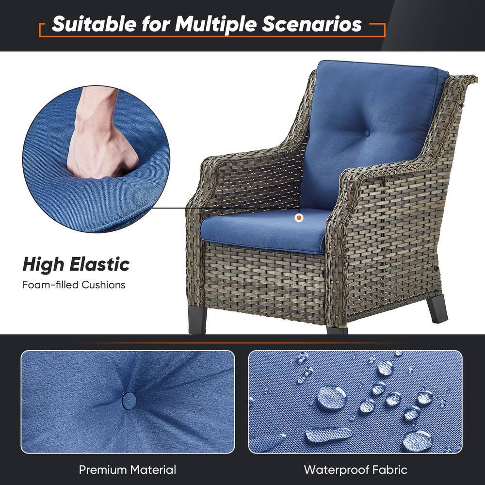 Gray Steel Wicker Lounge Chairs with Blue Cushions (2-Pack)