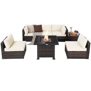 7-Piece Plastic Wicker Patio Conversation Set with Off White Cushion Fire Pit Table Cover Glass Top