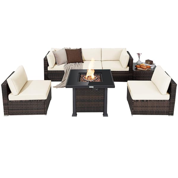 Costway 7-Piece Plastic Wicker Patio Conversation Set with Off White Cushion Fire Pit Table Cover Glass Top