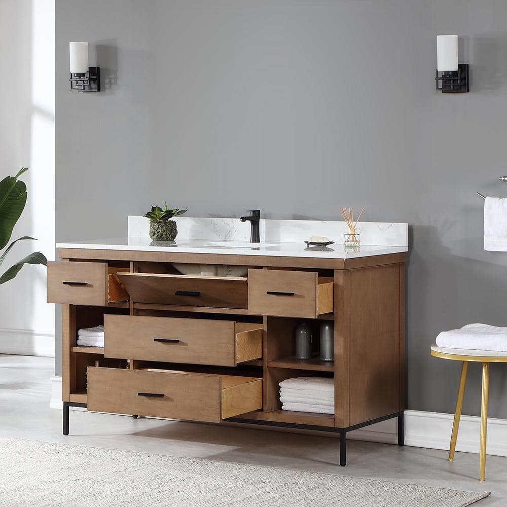 Kesia 60" Brown Pine Vanity with White Stone Countertop