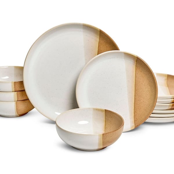 Phoebe 12-Piece Stoneware Dinnerware Set, Caramel, Round, Service for 4, Microwave and Dishwasher Safe
