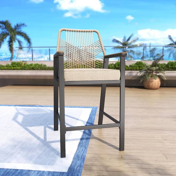 Metal Patio Woven Rope Outdoor Bar Stools, Bar Height Chairs with Armrests and Beige Cushions (2-pack)