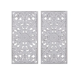 Distressed Matte White Finish Carved Lotus Flower Pattern Dimensional Wood Wall Art Decor for Living Room Set of 2