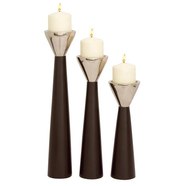 Litton Lane Polished Dark Brown Wood and Silver Aluminum Conical Candle Holders with Cone-Shaped Bobeche (Set of 3)