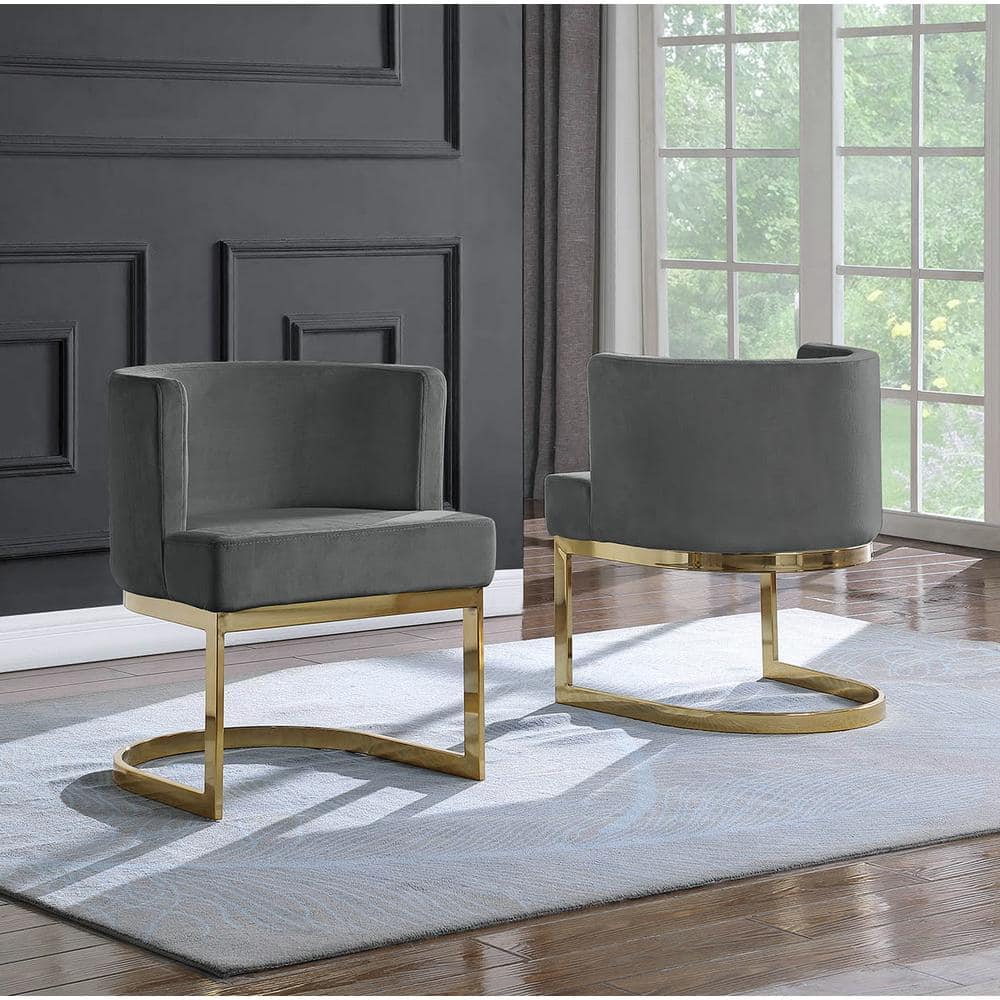 Elegant Dark Grey Velvet Barrel Chair with Gold Chrome Base
