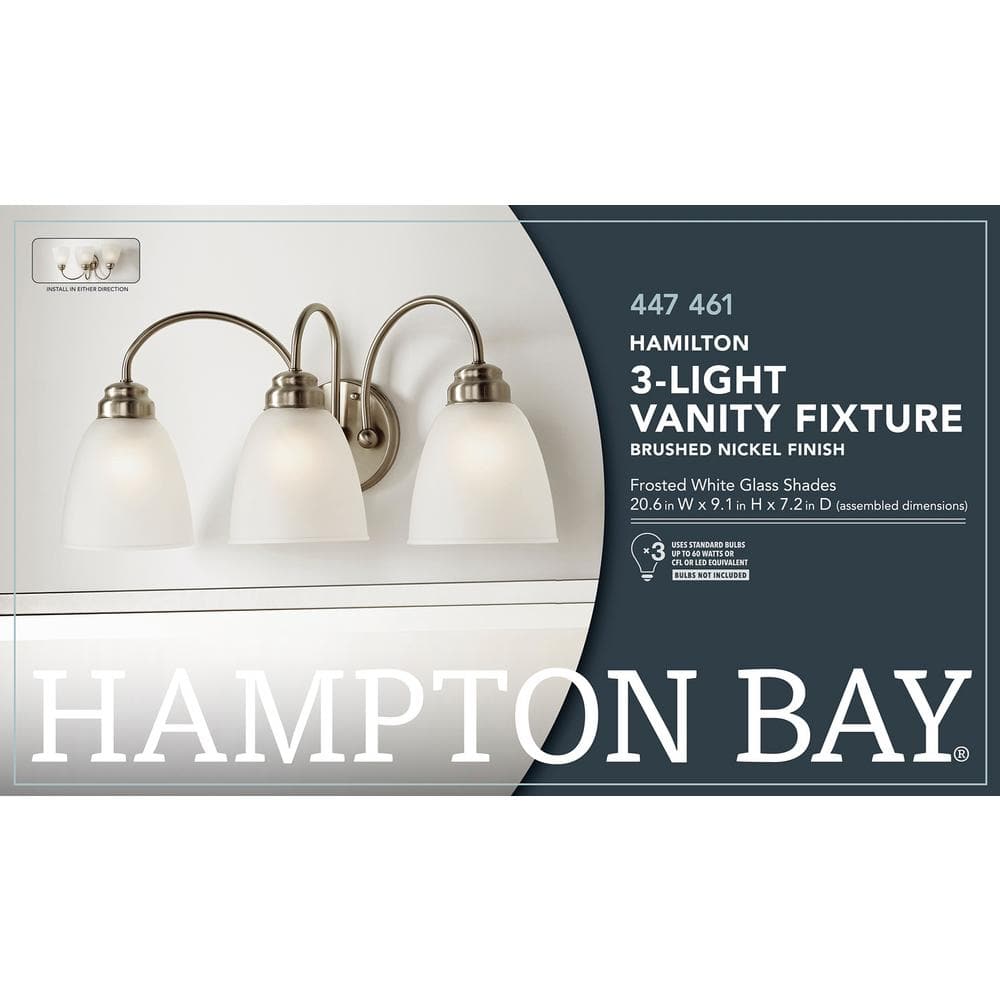 Hampton Bay Hamilton 3 Light Brushed Nickel Vanity Light With Frosted Glass Shades Efg1393al 2 Bn The Home Depot