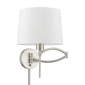 Atwood 1-Light Brushed Nickel Plug-In/Hardwired Swing Arm Wall Lamp with Off-White Fabric Shade