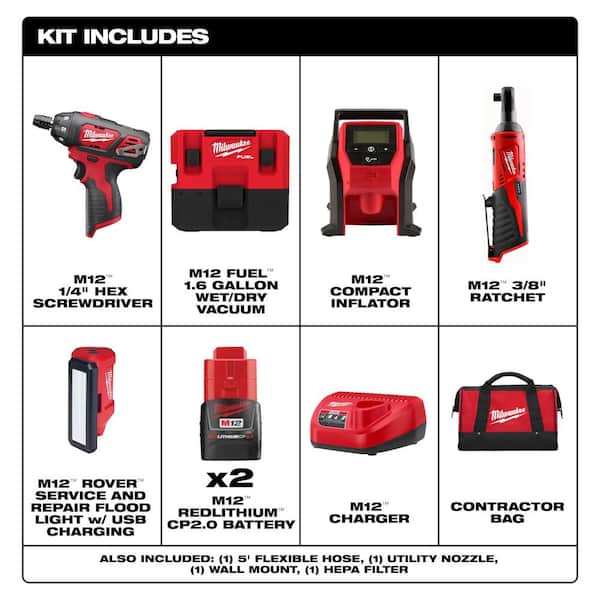 M12 12-Volt Lithium-Ion Brushless Cordless Combo Kit with M12 FUEL Cordless 1.6 Gal. Wet/Dry Vacuum