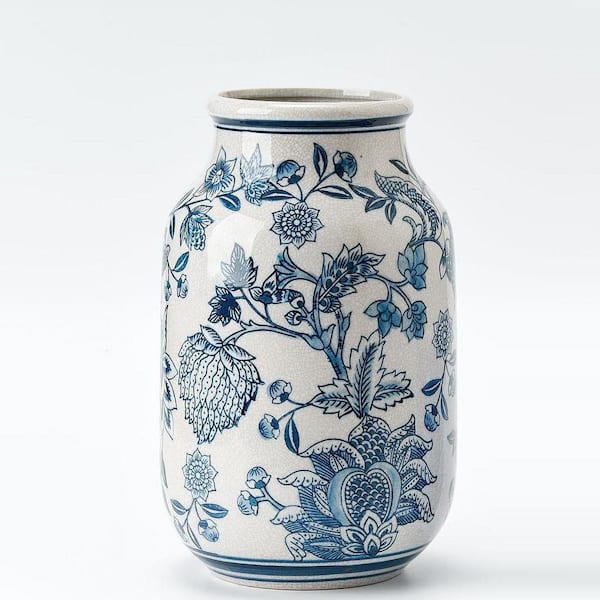 9.4 in. Ceramic Chinoiserie Floral Vase, Retro Ice Cracked Blue