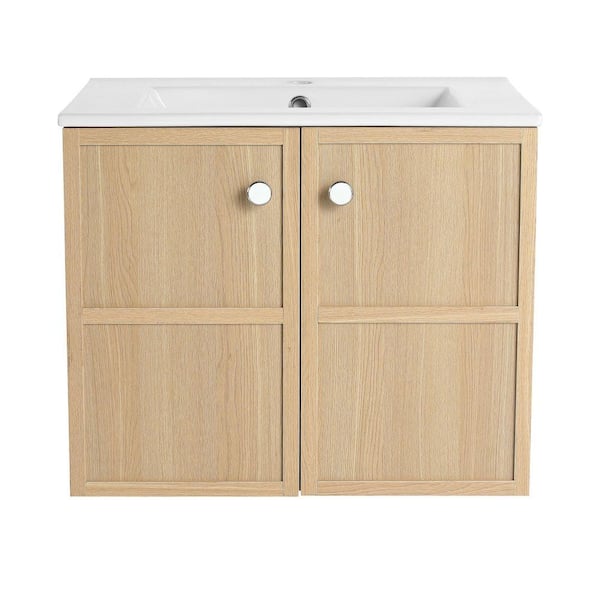 24 in. Single-Sink Floating Oak Bath Vanity with White Ceramic Top Unassembled and 2-Soft Closing Door