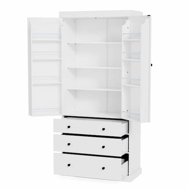 35 in. W x 18 in. D x 77 in. H White Linen Cabinet, Farmhouse Kitchen Pantry, Freestanding Tall Cupboard Storage Cabinet