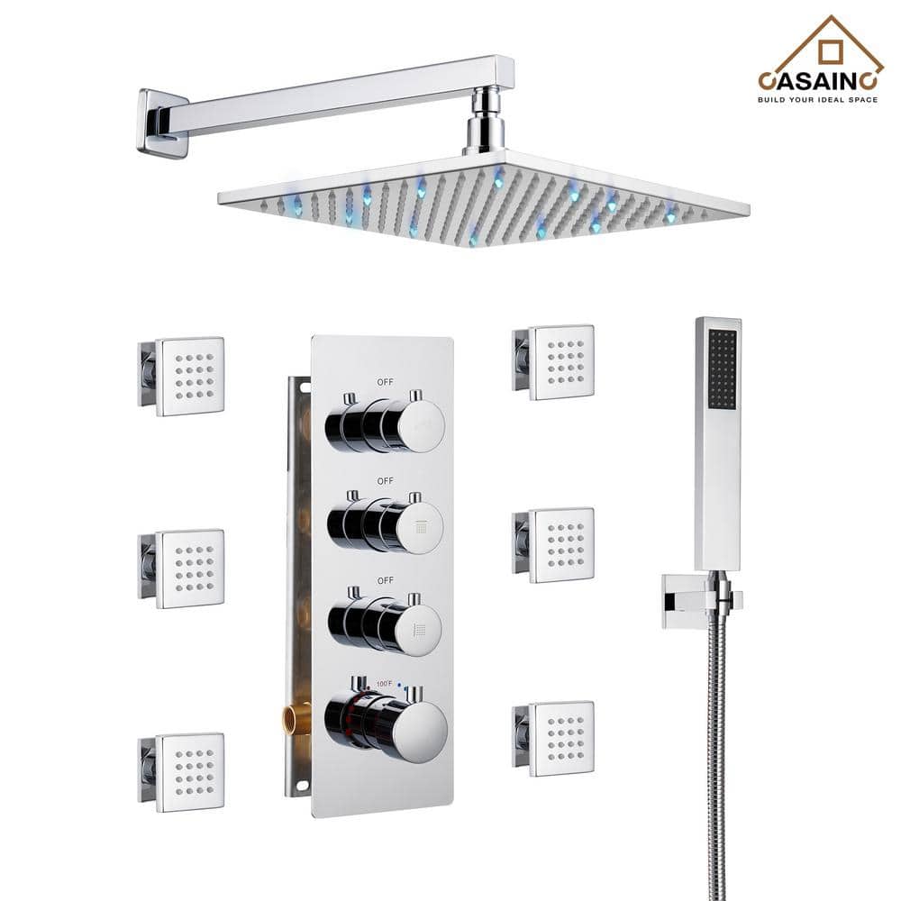 CASAINC Luxury LED Thermostatic 3-Spray Patterns 12 in. Wall Mount Rain Dual Shower Heads with 1.8 GPM 6-Jet in Chrome