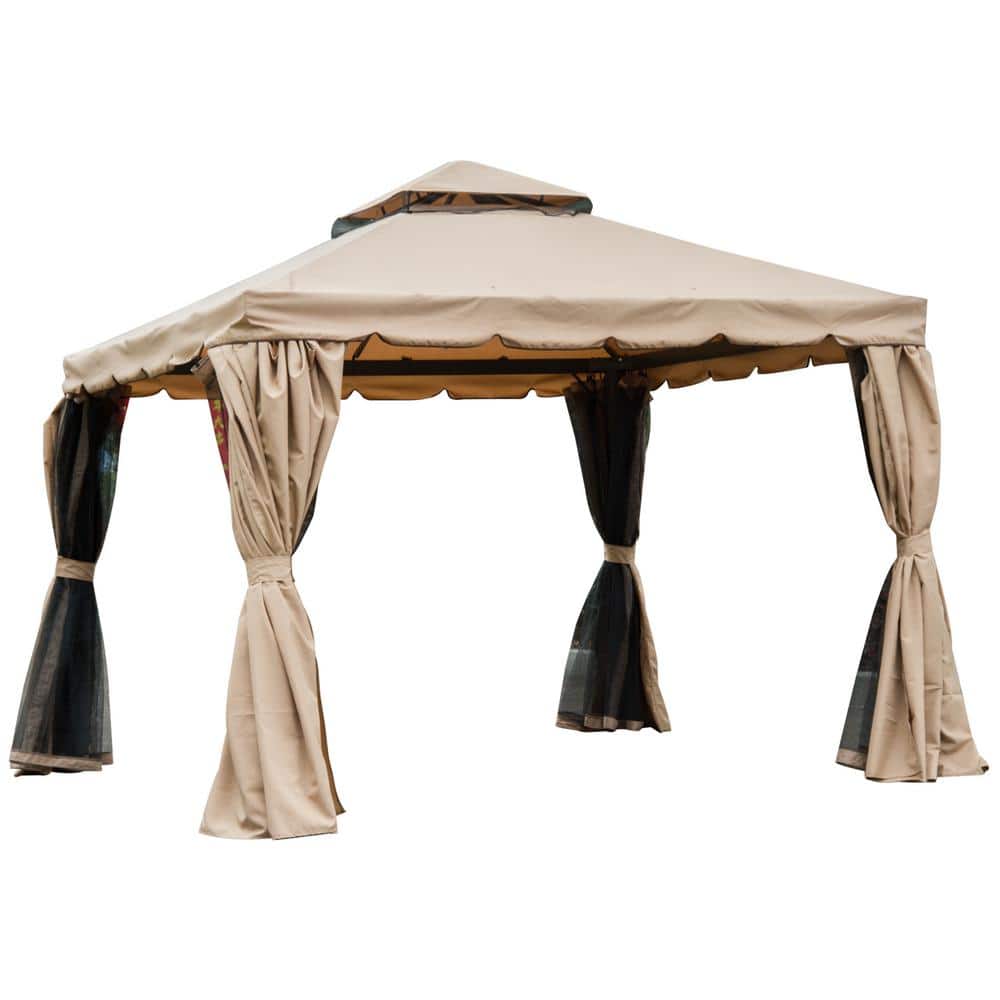 Khaki Aluminum Frame 10' x 10' Patio Gazebo with Mesh Curtains