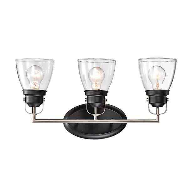 Edvivi 20.75 in. 3Light Black and Brushed Nickel Vanity Light with Clear Glass Shades EW6135