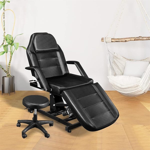 Faux Leather Seat Footrest and Backrest Adjustable Salon Chair in Black
