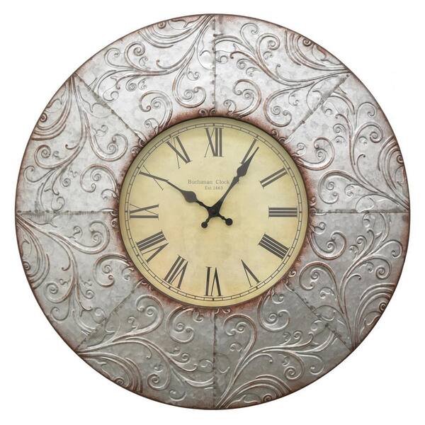 THREE HANDS 24 in. x 2 in. Metal Wall Clock in Gray