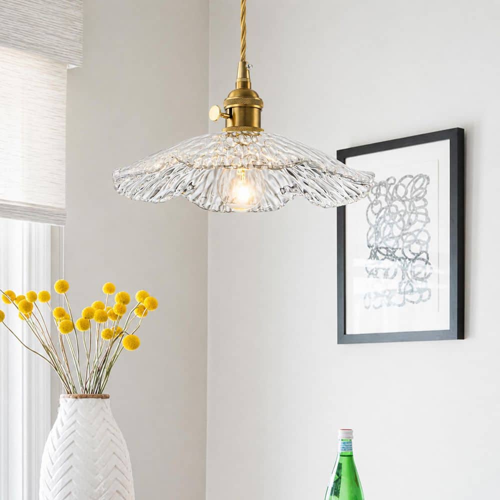 9.84 in. 1-Light Modern Brass Pendant Light with Clear Wavy Glass Shade, Flower Hanging Light for Kitchen Island, Foyer price history on PriceWatchPro