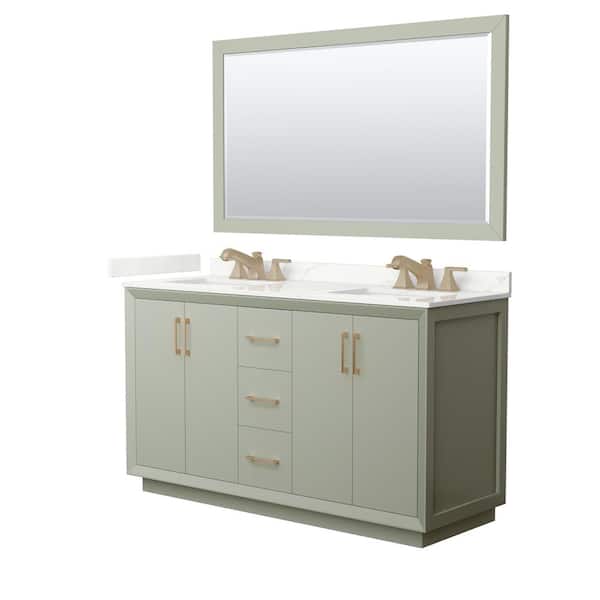 Wyndham Collection Strada 60 in. W x 22 in. D x 35 in. H Double Bath Vanity in Light Green with Giotto Quartz Top and 58 in. Mirror