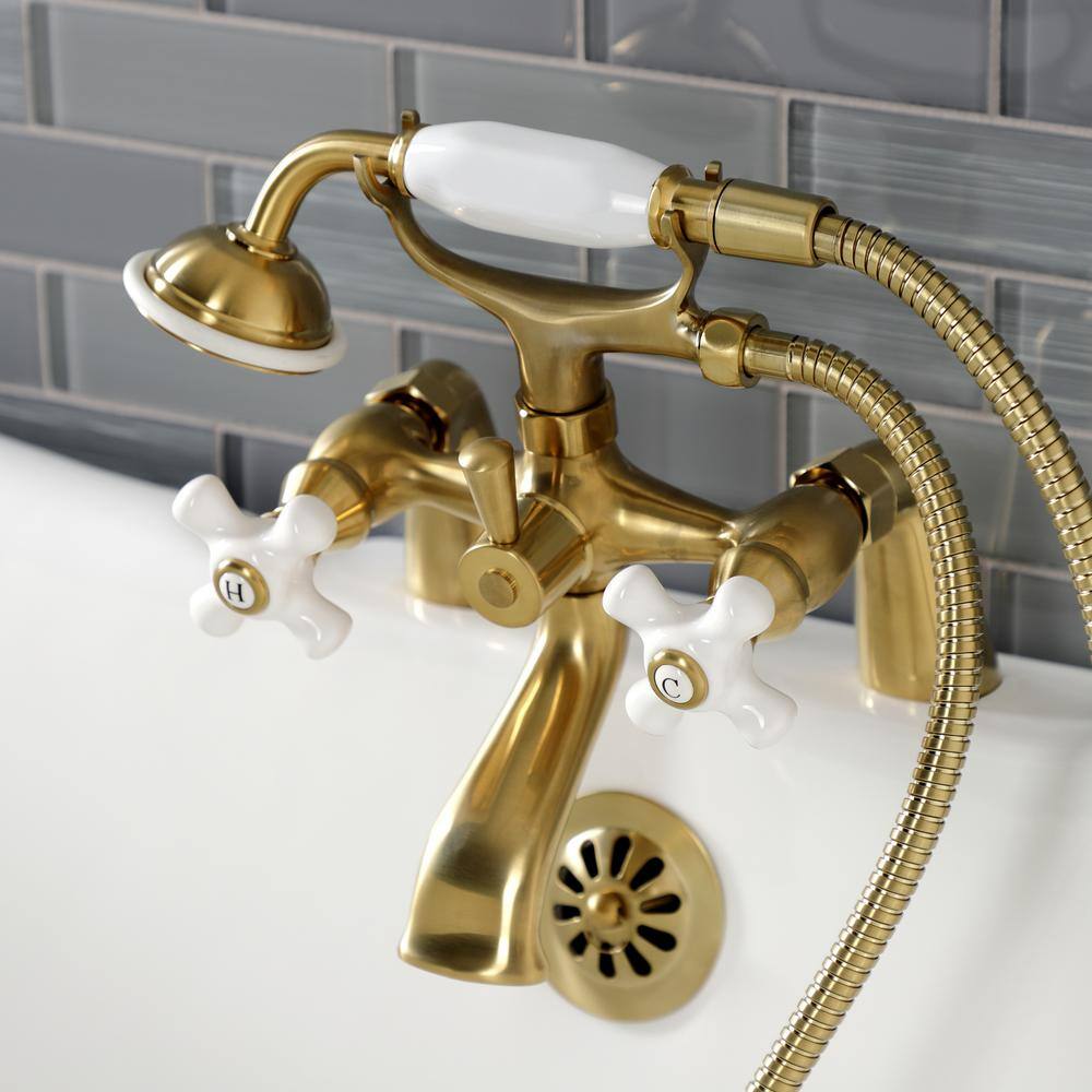Brushed Brass Deck Mount Clawfoot Tub Faucet with Hand Shower