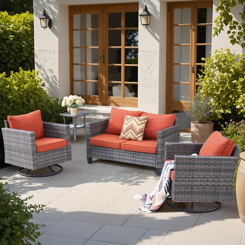 XIZZI Yolanda Gray 4-Piece Wicker Outdoor Rocking Chair Set with