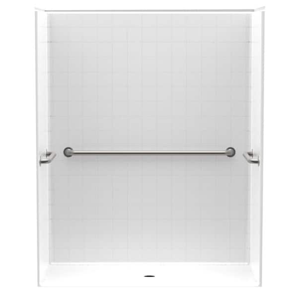 Aquatic Accessible Smooth Tile AcrylX 60 in. x 30 in. x 74.9 in. 1-Piece Shower Stall with Grab Bars and Center Drain in White