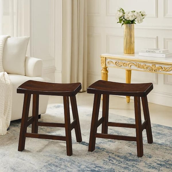 18" H Warm Cherry Brown Wooden Counter Height Stool with Saddle Seat (Set Of 2)