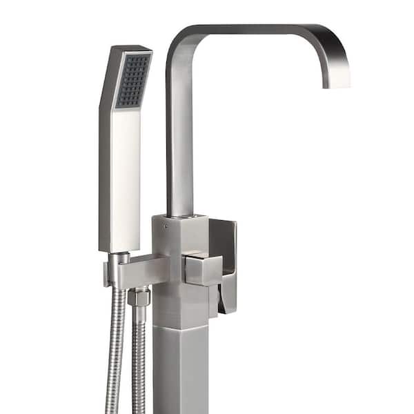 Single-Handle Floor-Mount Roman Tub Faucet with Hand Shower in Brushed Nickel