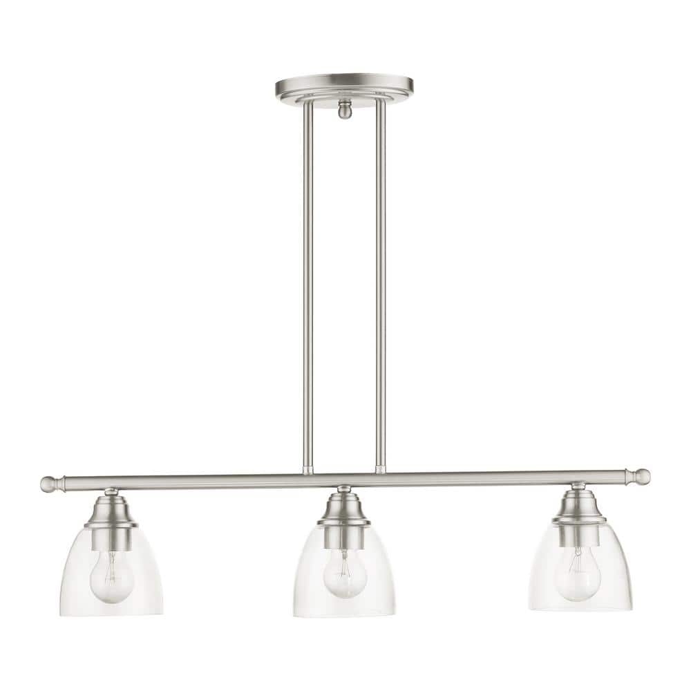 Elegant Brushed Nickel 3-Light Linear Chandelier with Hand-Blown Glass Shades