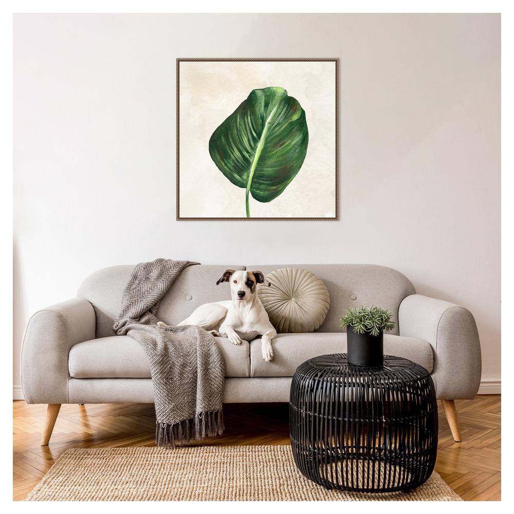 Tropical Leaves I Green Leaf Canvas Print with Bronze Frame