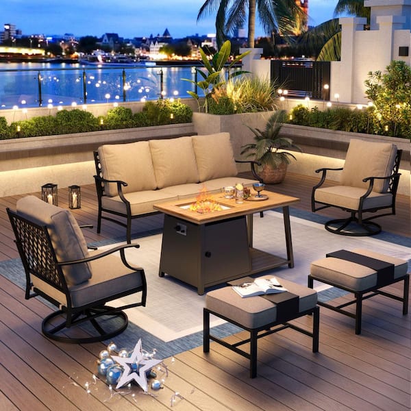 PHI VILLA Black Metal Meshed 7 Seat 6-Piece Steel Outdoor Fire Pit Patio Set With Beige Cushions, Metal Rectangular Fire Pit Table