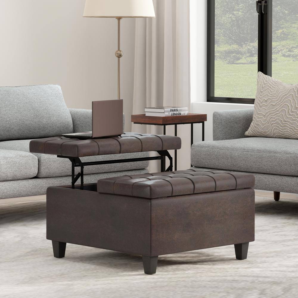 Harrison Distressed Brown Tufted Vegan Leather Storage Ottoman