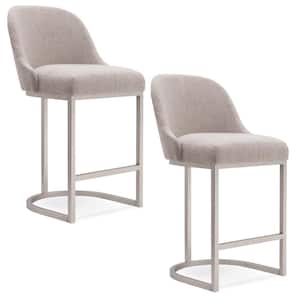 Barrelback 39 in. Oatmeal Linen Counter Stool with Pewter Metal Base (Set of 2)