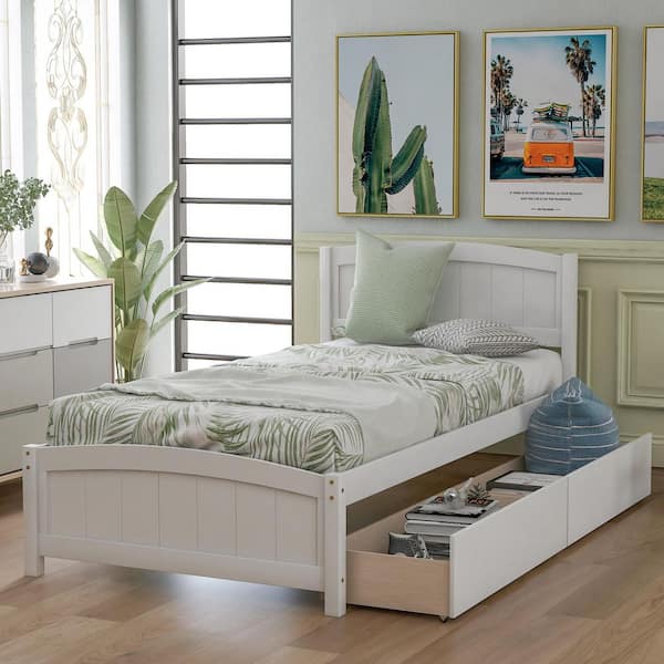White Wood Frame Twin Platform Bed with 2-Drawers