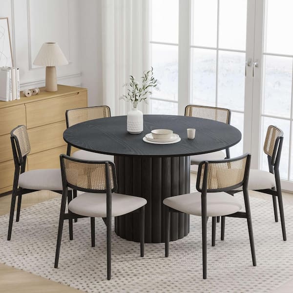Dovelina 52 in. Black Oak Wood Column Pedestal Round Kitchen Table Dining Table Seats 4