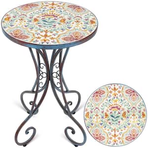 14 in. Blossom Round Metal Outdoor Side Table with Ceramic Tile Top for Yard Porch Balcony Garden and Bedside
