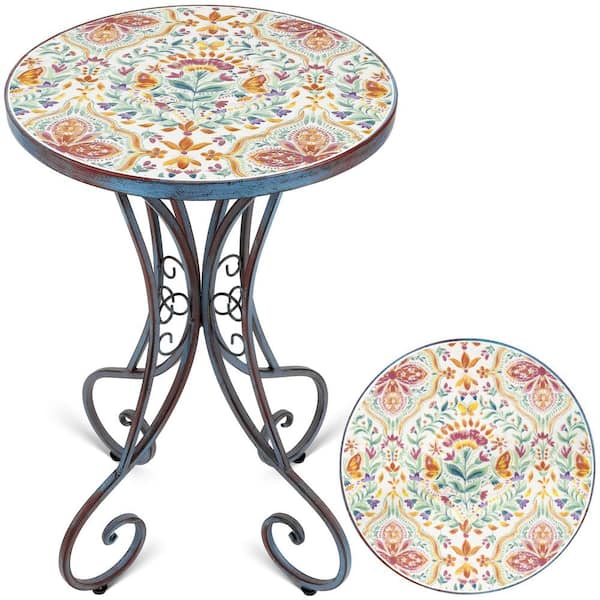 Angel Sar 14 in. Blossom Round Metal Outdoor Side Table with Ceramic Tile Top for Yard Porch Balcony Garden and Bedside