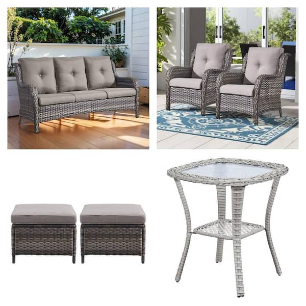 3 Seat Wicker Sofa, Gray Lounge Chairs (2-Pack), Ottoman Footstool (2-Pack) and Side Table Combo