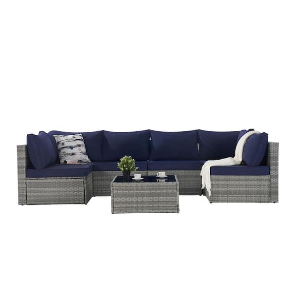 Sudzendf 7-Pieces Patio Conversation Wicker Rattan Outdoor Furniture Sofa Sectional with Blue Cushions
