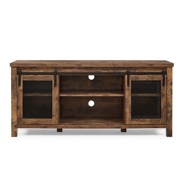 ZIRUWU TV Stand for TVs up to 65", Cabinet Door with Steel Net and Pulley, 4 Storage Shelves, Rustic Brown