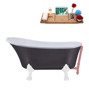 55 in. x 26.8 in. Acrylic Clawfoot Soaking Bathtub in Matte Grey with Glossy White Clawfeet and Matte Pink Drain