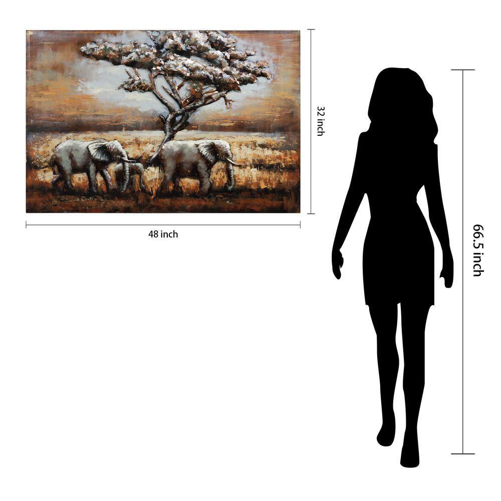 Hand Painted 3D Iron Elephant Wall Art with Tree