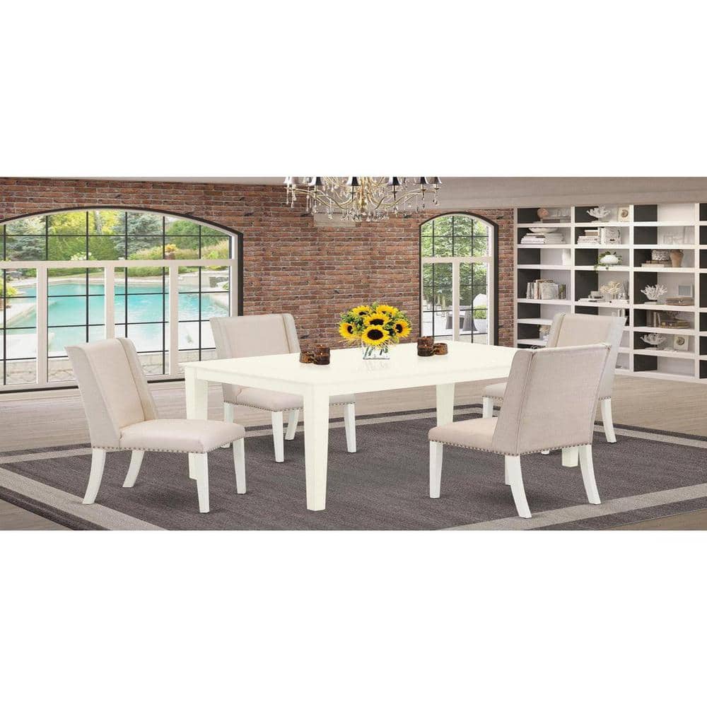 5-Piece Linen White Finish Solid Wood Top - Rectangular Dining Room Set - Seats 4