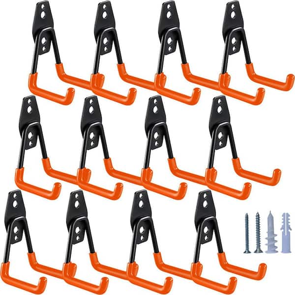 2.8 in. Small Wall Mounted U Shaped Garage Storage Hooks for Hanging Ladders Hose Bulk Items and More, Orange (12-Pack)